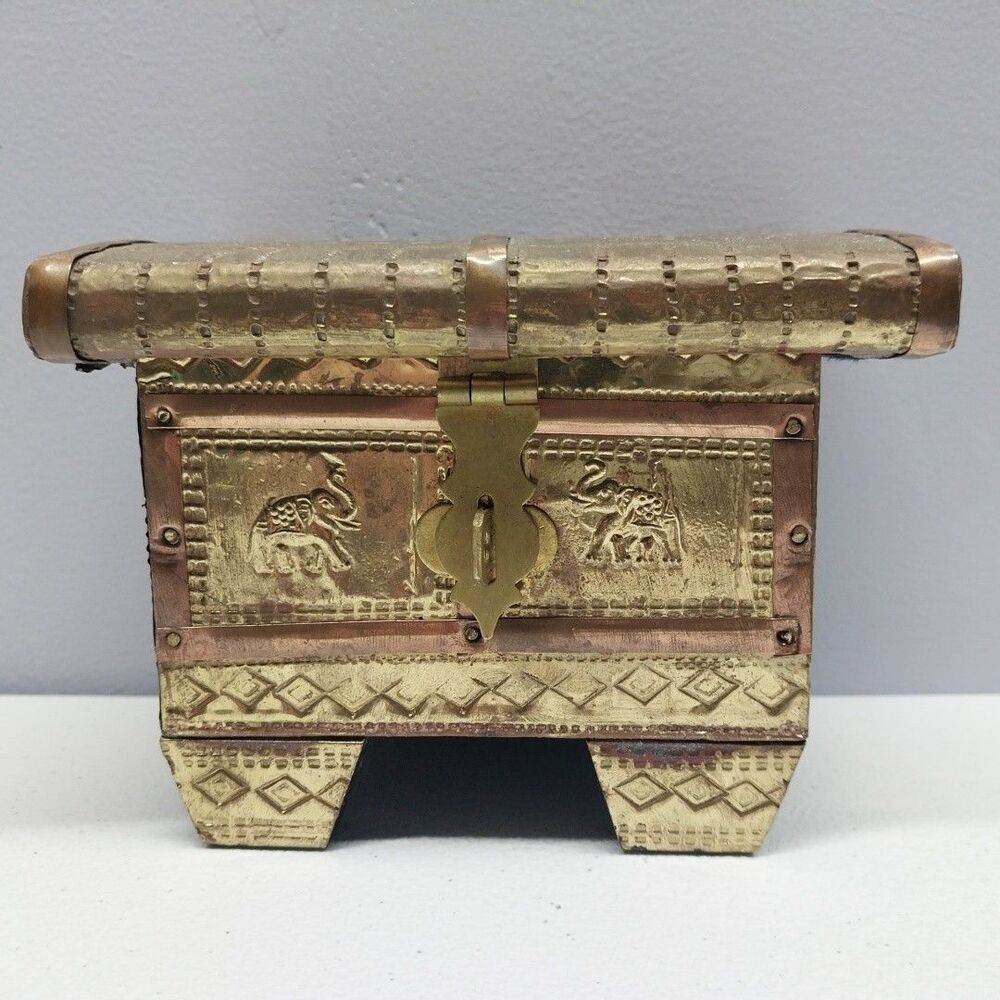 Vintage Handmade Brass Copper Elephant Trinket Box Velvet Lined Hinged Chest
